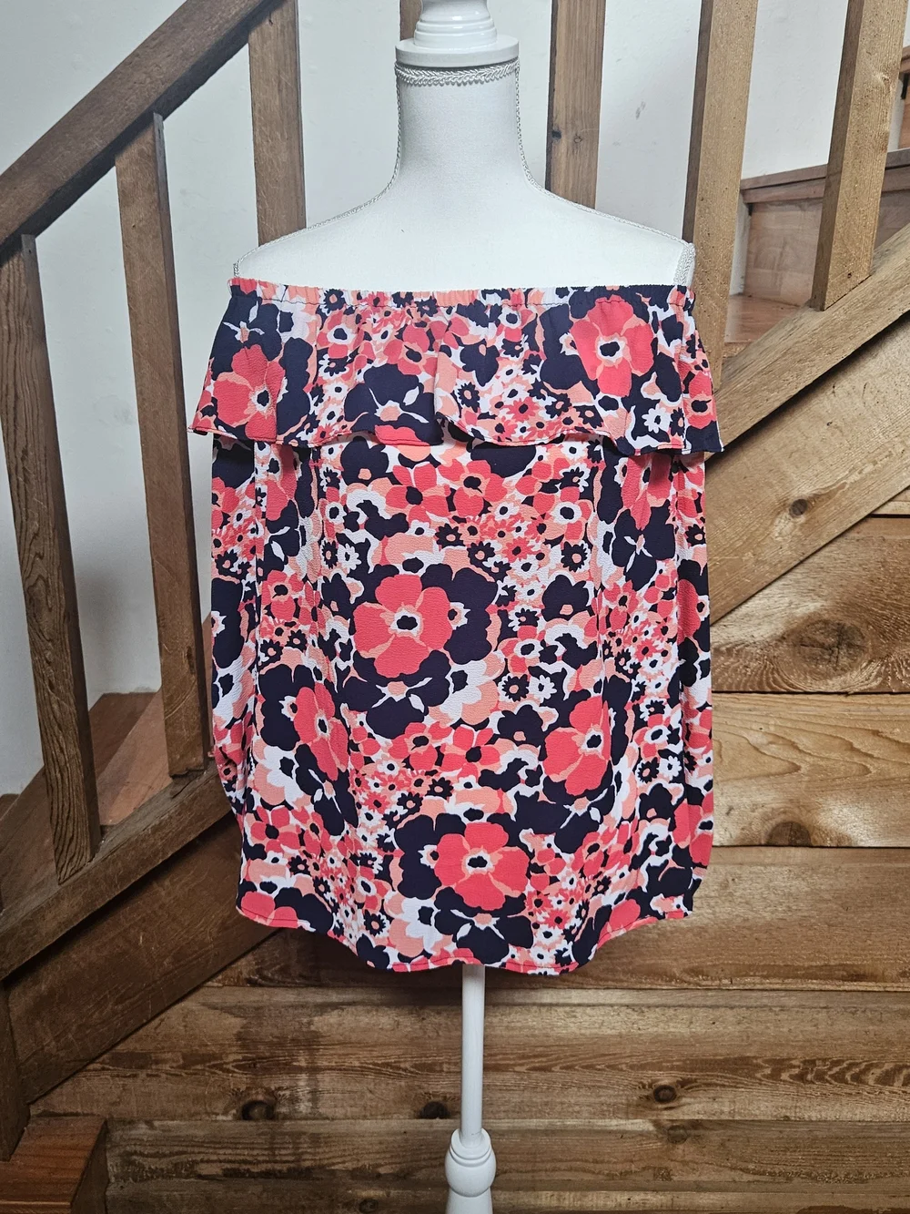 Michael Kors Coral & Navy Floral Off-Shoulder Blouse